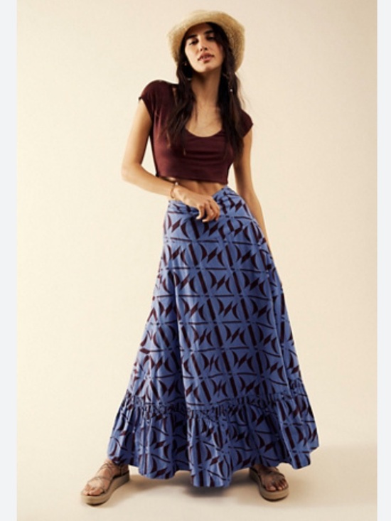 Free People Dresses & Skirts - Free People Kenny Set w/ cropped burgundy tee and blue print maxi skirt, S